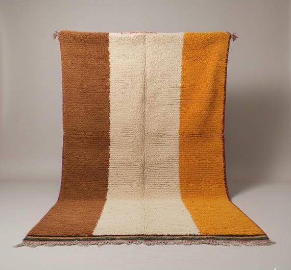 Handmade Beni Ourain Wool Moroccan Rug, Brown Cream Vertical Stripes