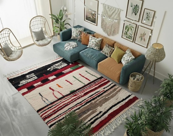 Handmade Moroccan Wool Rug: Red & Black Abstract Boujaad Style