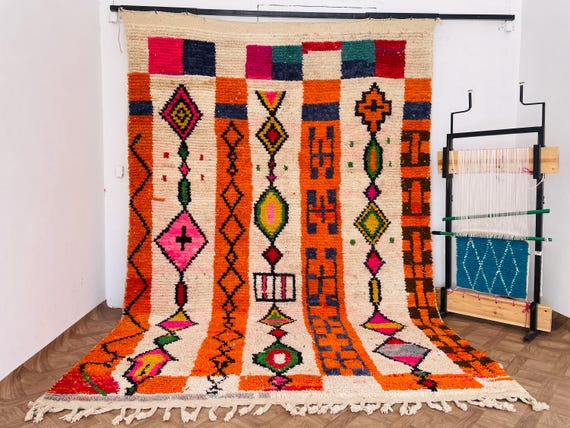 Modern Geometric Hand-Knotted Wool Area Rug - 100% Wool in Orange & White, Sizes 2x6 to 8x10 ft - BERBERUGALLERY