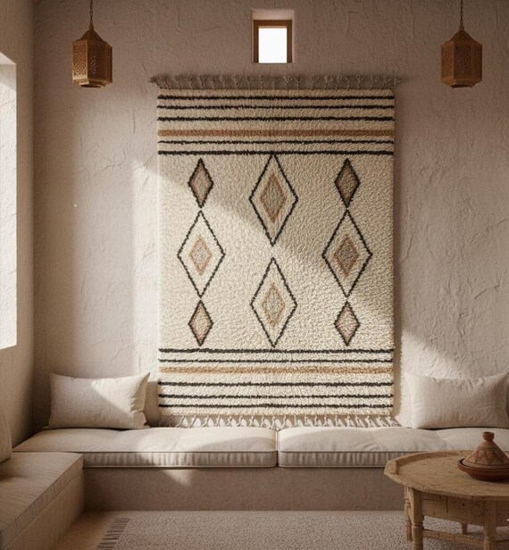 Soft Wool Berber Carpet | Ivory & Black Geometric | Boho Bedroom Carpet | Custom Size Natural Moroccan Rug