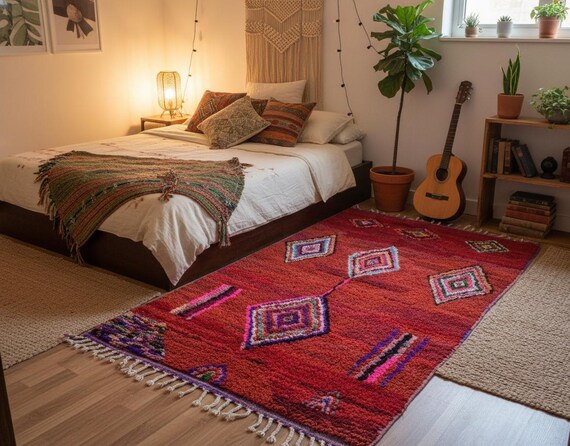 Maximalist Abstract Checkered Wool Rug 8x10 | Moroccan Style for Living Room & Bedroom