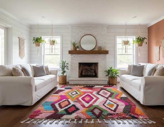 Vibrant Geometric Diamond Moroccan Berber Rug 8x10 - White Tassels - Custom Size Morocco Rug