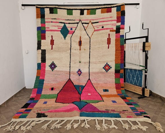 Color Splash! Abstract Moroccan Boujaad Rug – Handmade Wool Carpet for Living Room – Boho Geometric Area Rug – Unique Gift for Her or Him