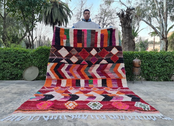 Handmade Boujad Rug 6x10 - Multicolor Geometric Wool Carpet - Vintage-Inspired Moroccan Style for Boho Decor & Cozy Living Room Aesthetic