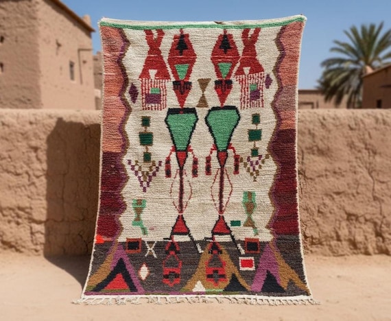 Geometric Berber Wool Rug - Red Brown White Area Rug - Living Room & Bedroom Decor - Custom Rug Option