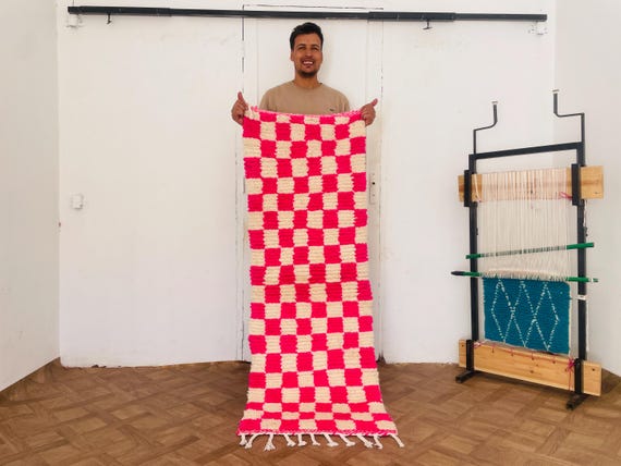 Moroccan rug runner, Azilal rug, Moroccan wool rug, Custom rug, 3x9 Rug, 2x6 Runner, 4x7 Rug, Checkered rug, Checker moroccan rug, Pink rug