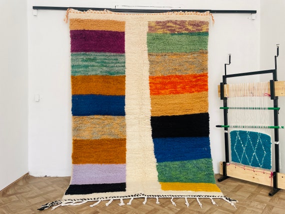 Multicolored Moroccan Berber Rug - Boujaad Moroccan Wool Rug, Modern Area Rug Blue - Handmade Wool Rug, Carpet Home Decor Personalized