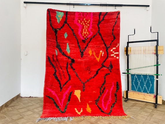 Red and black carpet living room - Handmade vintage Area rug wool - Low pile rug - Boho rug bedroom - Home decoration art and craft