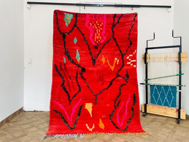 Red and Black Carpet Living Room Handmade Vintage Area Rug Wool Low