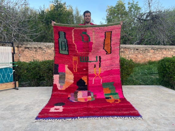 Vibrant Red Moroccan Boujaad Rug | Handwoven Wool Area Rug | Boho Abstract Accent Carpet (5×8 ft)