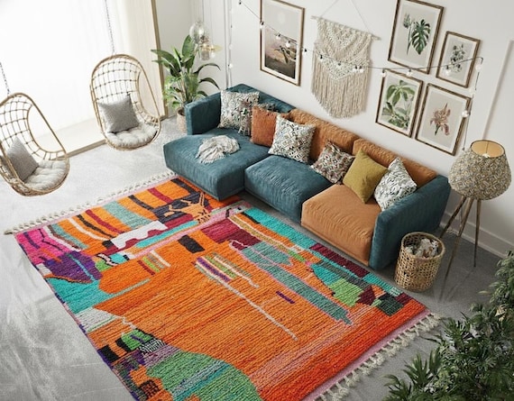 Orange Wool Berber Rug – Colorful Moroccan Boho Area Rug