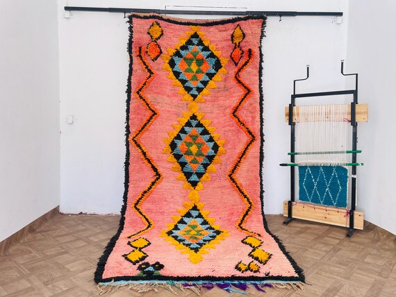 Vintage Moroccan Rug | Mid Century Modern Tapestry in Pink & Blue | Retro Area Rug for Living Room Decor