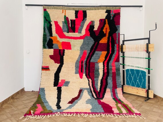 Boho Moroccan Wool Rug - Handmade Vintage Berber Carpet for Living Room & Bedroom - Custom Abstract Colorful Area Rug