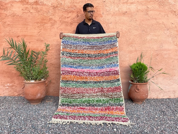 Small Colorful Moroccan Rug – Handwoven Wool Runner – Boho Area Rug – Eco-Friendly Upcycled Cotton – Unique Kitchen or Entry Decor