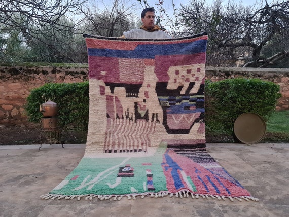 Moroccan Washable Outdoor Rug, Wool Shag Rug, 6x9 Rug, Personalized Ocean Art, Berber Hallway Rug, Original Gift