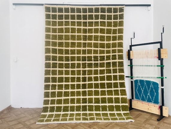 Moroccan Beni Ourain Rug, Custom Green Wool Checkered Shag Carpet for Living Room, Perfect Gift