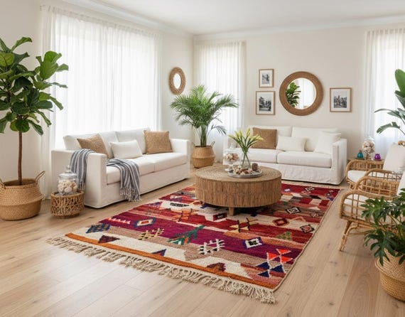 Accent Living Room Rug with Moroccan Patterns | 9x12 Boho Wool Entryway Rug