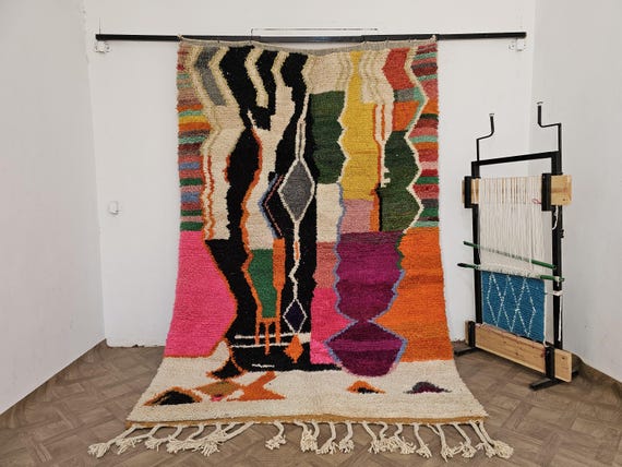 Retro Vibes! Maximalist Moroccan Boujaad Rug – Colorful Handmade Wool Carpet – Vintage-Inspired Rug for Bold Apartment Decor