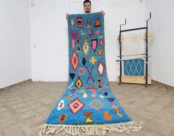 Custom BLUE Moroccan Wool Rug Runner - Mid Century Modern Design