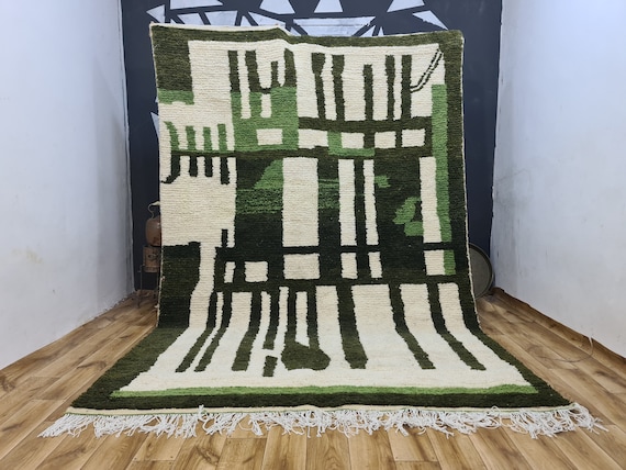Gorgeous Beni Ourain Rug - Green And White Rug - Emerald Green Rug - Woven Rug - Green Wool Beniourain Carpet - Unique Geometric Rug