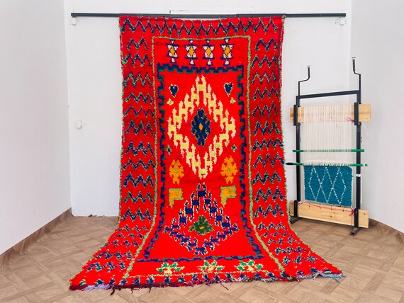 Large Red Wool Area Rug | Modern Vintage Carpet for Living Room Or Bedroom | Boho Home Decor & Gift Idea