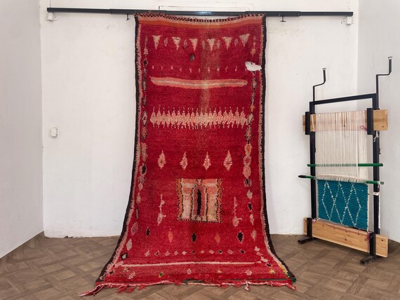 One-of-a-Kind Vintage Wool Rug – 1950s Hand-Knotted Red Geometric Area Carpet, Antique Rustic Farmhouse Decor