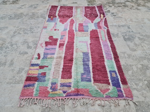 Handmade Boujaad Moroccan Wool Rug: Red & Pastel Boho Berber Carpet