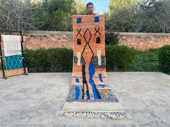 Hand-Knotted Boujaad Moroccan Runner Rug – Abstract Orange & Blue Berber Hallway Carpet | Custom Bohemian Wool Rug
