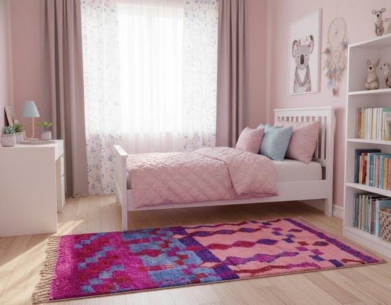 Handwoven Berber Wool Rug, Moroccan Shag, Pink Bohemian Rug