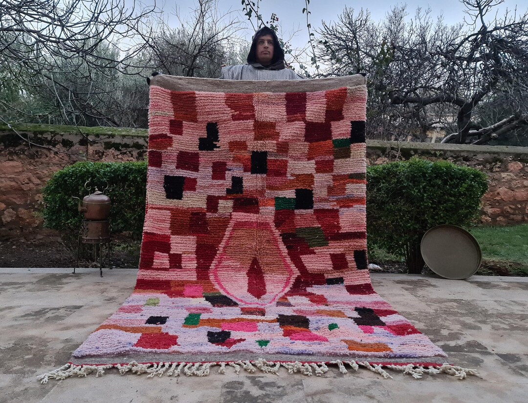 Pink Rainbow Pattern Rug Playful Charm! Light Pink & Rainbow Checkered Moroccan Berber Rug ...