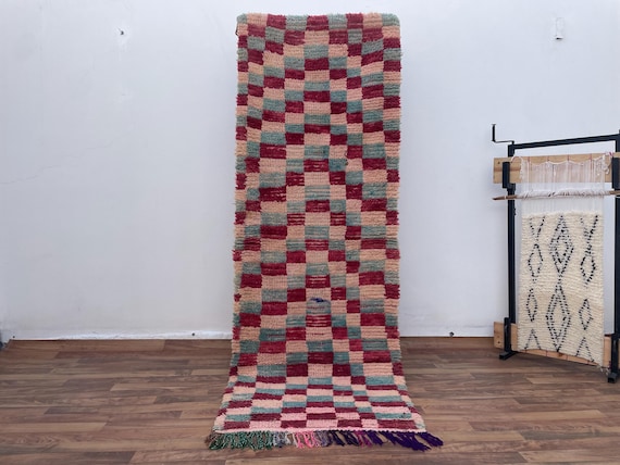 Handmade Moroccan Wool Rug - Vintage Checkered Runner for Bedroom, Wedding & Party Decor - Unique Gift for Her, Eclectic Home Decor