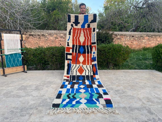 Moroccan Narrow Runner Rug, Blue Hallway Rug, Boho Kitchen Rug, Handmade Tribal Wool Rug, Eclectic Home Rug