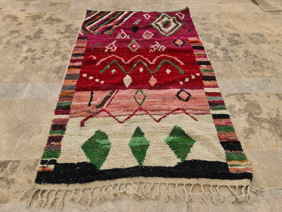 Red & Green Moroccan Wool Rug: Shaggy Berber Carpet with Fringe
