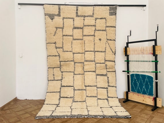 Amazing Ivory And Black Rug - Custom Fabulous Beni Rug - Beni Ourain Rug - Handmade Rug - Moroccan Berber Rug - Traditional Moroccan Carpet