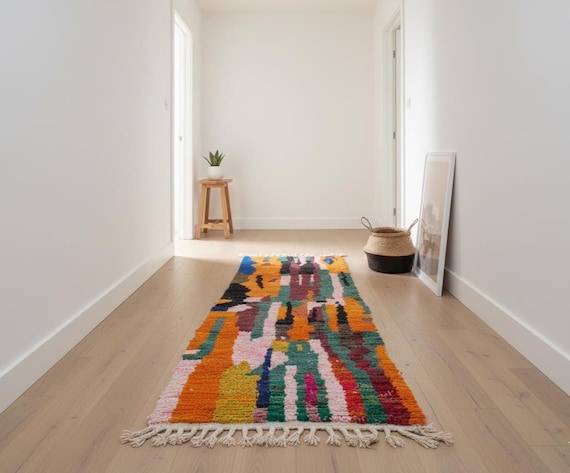 Handmade Moroccan Wool Runner Rug, Bohemian Hallway Decor