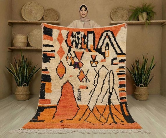 Handmade Orange Wool Rug, Custom Moroccan Beni Ourain Style