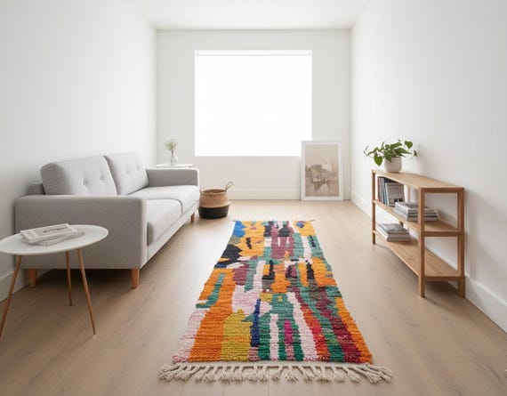 Handmade Moroccan Wool Runner Rug, Pink Green Orange Bohemian Hallway Rug