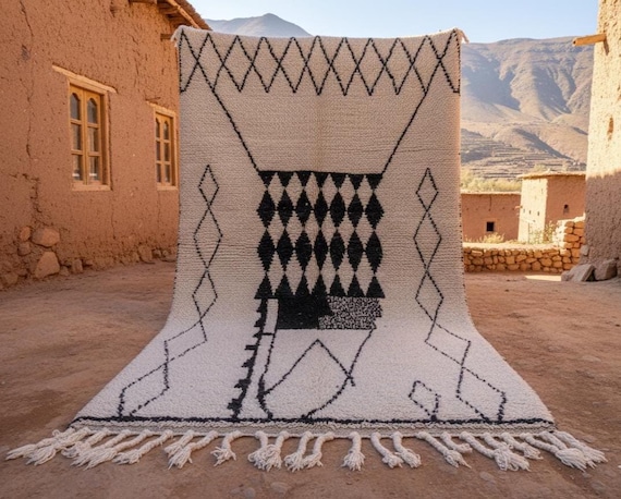Beni Ourain Rug Black and White Diamond - Genuine Wool Berber Moroccan Rug for Living Room - Custom Size Boho Rug