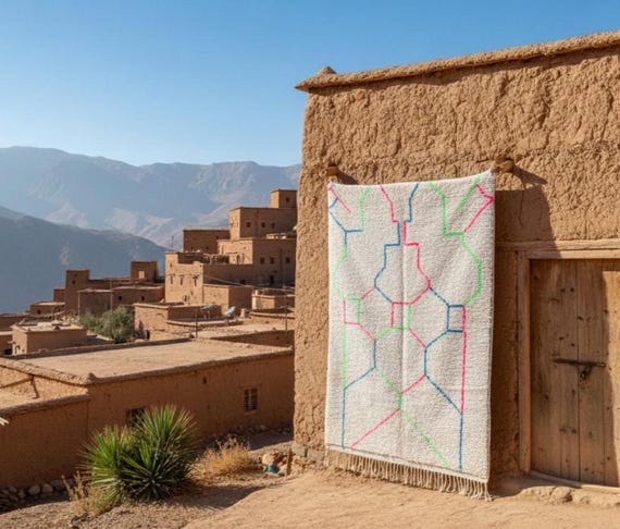Handmade Beni Ourain Rug: Modern Neon Geometric Berber Rug