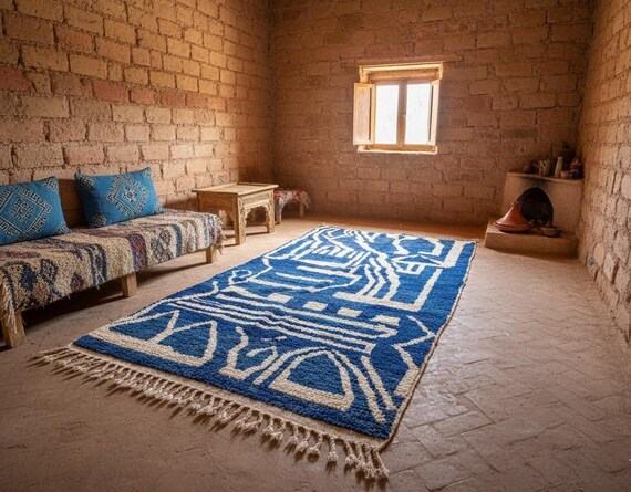 Modern Geometric Rug - Blue White Abstract Hand Knotted Wool | Luxury Living Room Carpet with Fringe