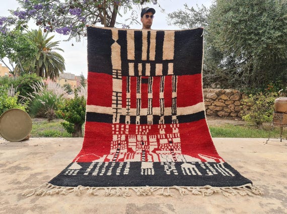 BOLD Red Moroccan Rug – 9x12 Handmade Wool Carpet | Black Border Abstract Rug | Unique Gift for Mom or Wedding | Entryway or Office Decor