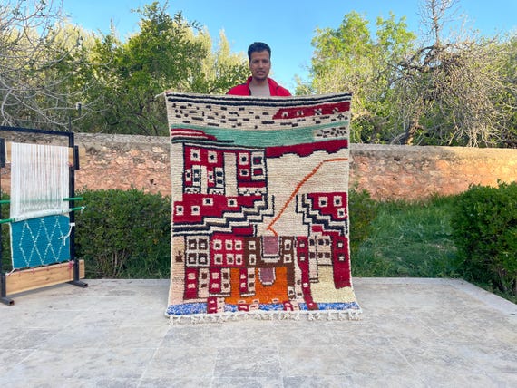 Handmade Gift - Dining Room Area Rug - Customized Boujad Rug - Personalized Shaggy Rug - Vintage Eclectic Decor