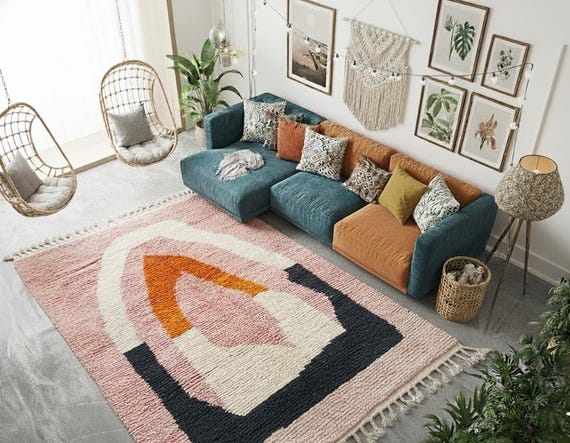 Handmade Pink Wool Berber Rug | Abstract Moroccan Carpet