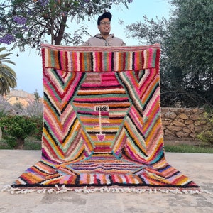 Striped Custom Size Rug, Shag Berber Moroccan Rugs, Large Living Room Rug Pink, Handknotted Area Rug Colorful, Handmade House Warming Gift