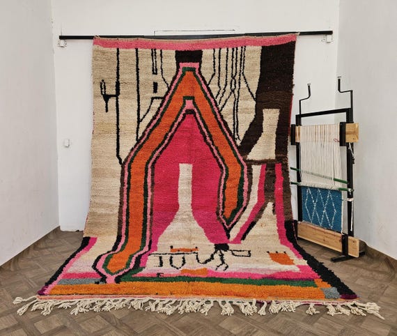 Vibrant Wonder! Handmade Boujaad Moroccan Rug – Abstract Berber Carpet – Pink, Orange & Beige – 6x9 8x10 9x12 Rug for Living Room