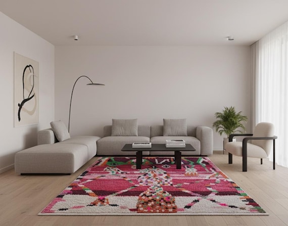 Red Wool Moroccan Rug Hand Woven Bohemian Decor Inspired, Boho Scandinavian