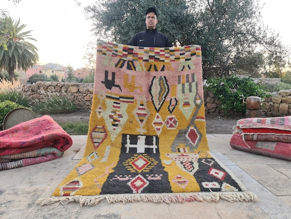 Modern Traditional Woollen Rug - Geometric Patterned Rug - Moroccan Yellow Black Carpet - Bedroom Furniture - Extra Large Rugs For your Home
