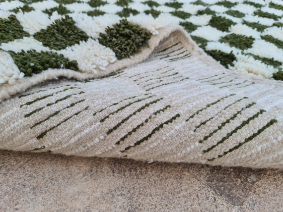 Green and White Checkered Wool Rug: Handwoven Moroccan Berber Rug