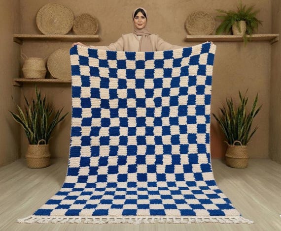 Handmade Beni Ourain Wool Rug, Blue Checkered Moroccan Rug