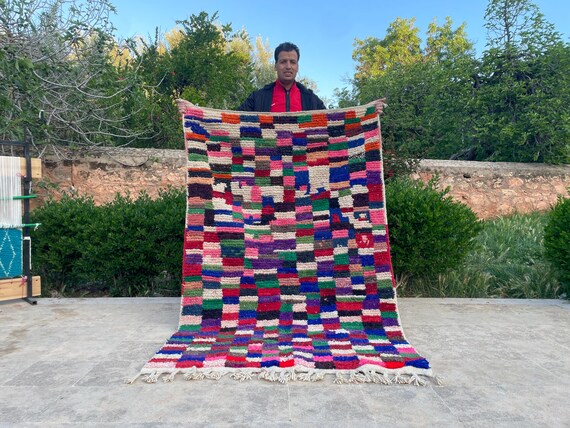 Multicolor Checkered Moroccan Rug - Handwoven Beni Ourain Carpet - Soft Wool Shag Oriental Plaid Rug - Artistic Berber Home Decor